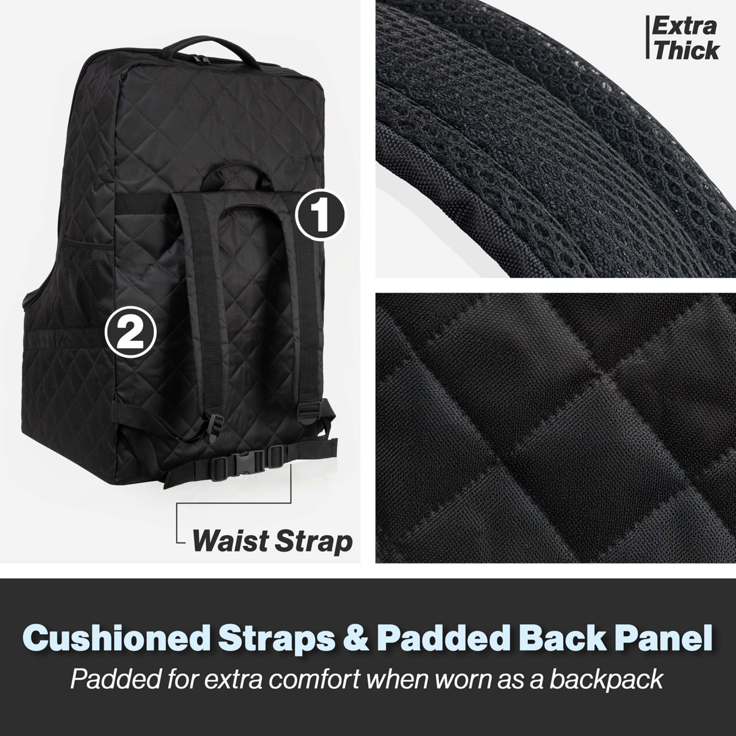 V VOLKGO car seat bag converts between backpack and wheels for flexible airport transport.