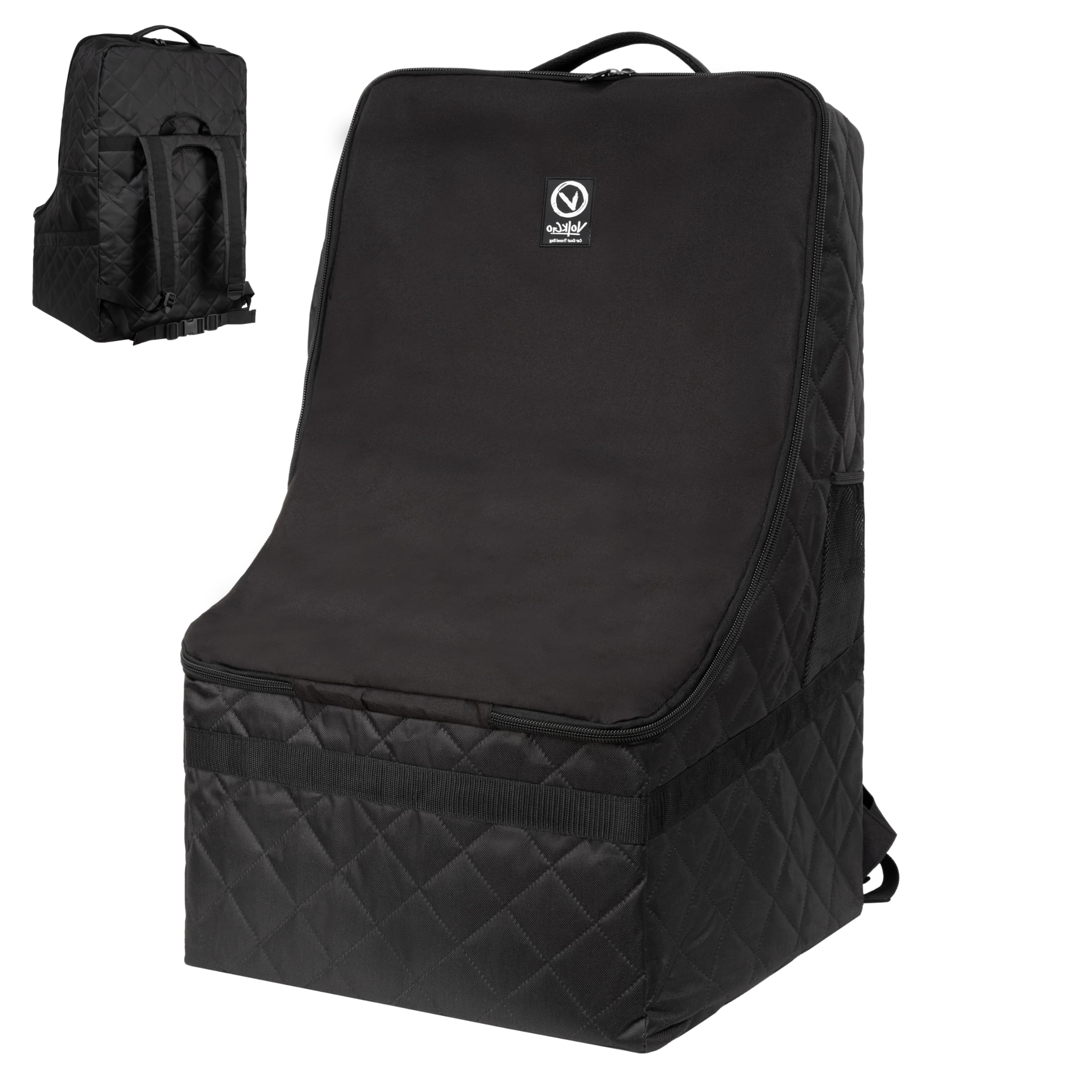 V VOLKGO extra padded car seat travel bag with wheels improves airport maneuverability and protection.