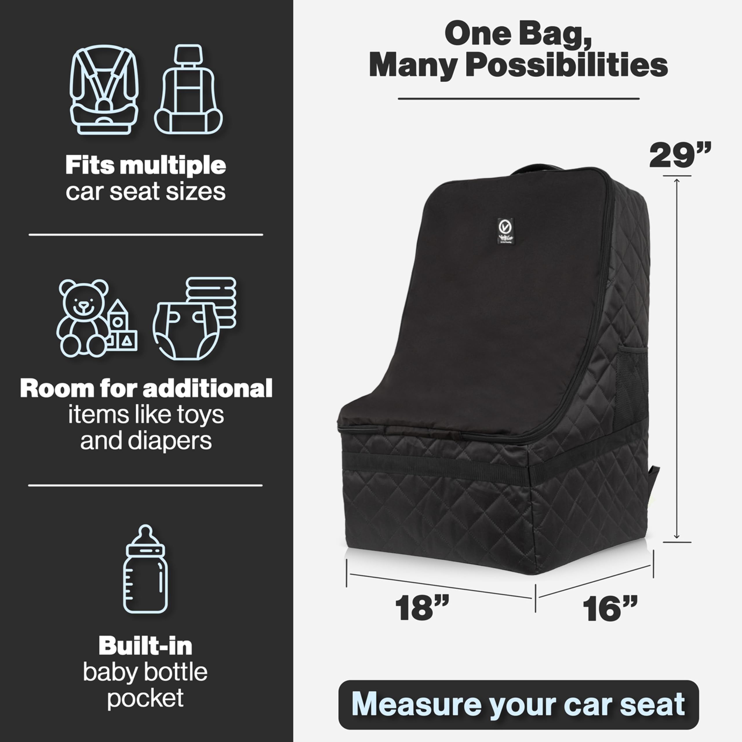 V VOLKGO universal-fit car seat travel bag fits infant and booster seats including Graco models.