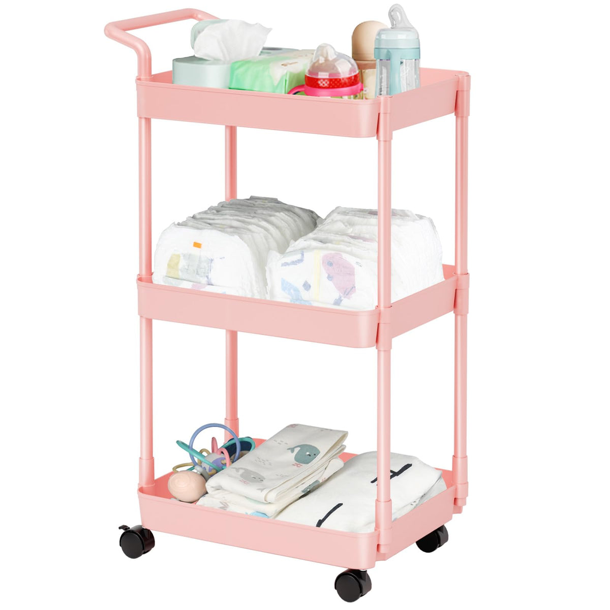 Volnamal baby diaper caddy pink front view for quick night time diapering access