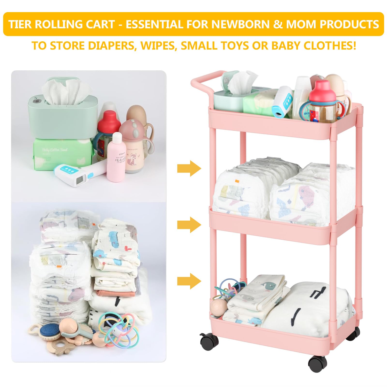 Volnamal diaper cart with 360 degree wheels enables easy mobility