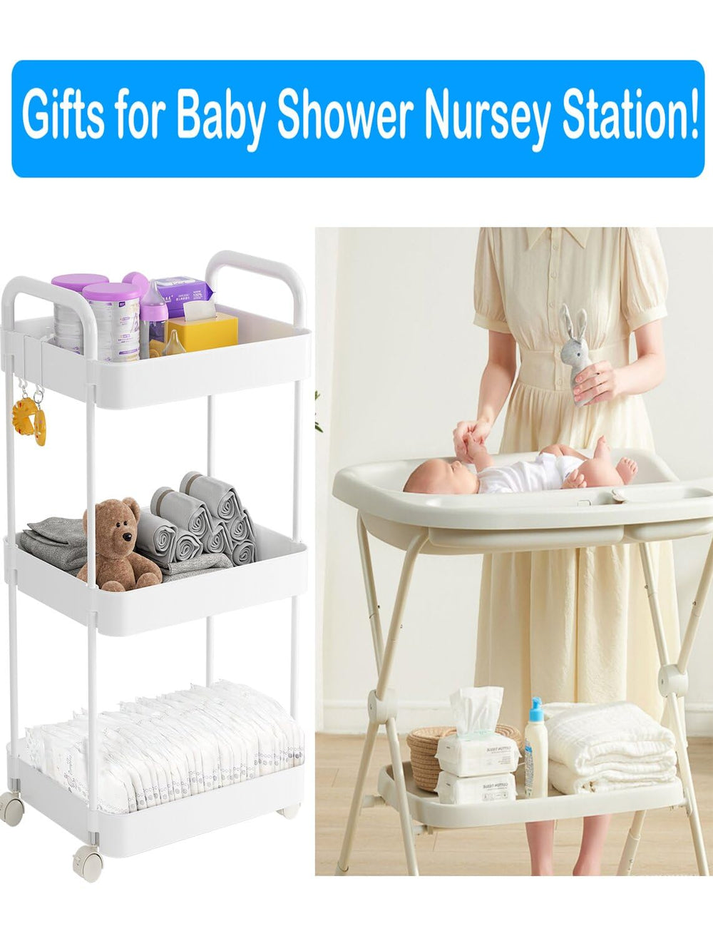 Volnamal diaper caddy beside changing table for quick access.
