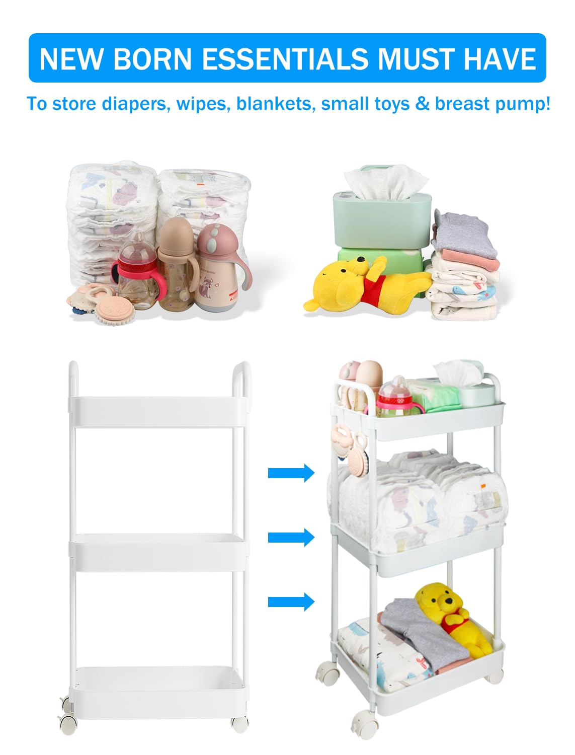 Volnamal diaper caddy with wheels moves easily for changes.