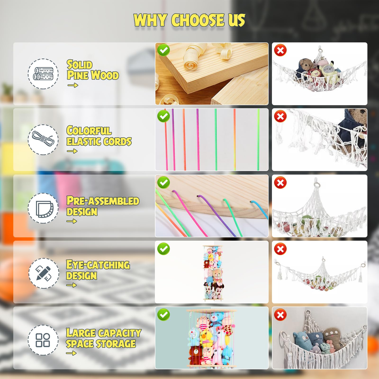 VOMELON durable eco-friendly wood frame ensures long-lasting, safe toy organization