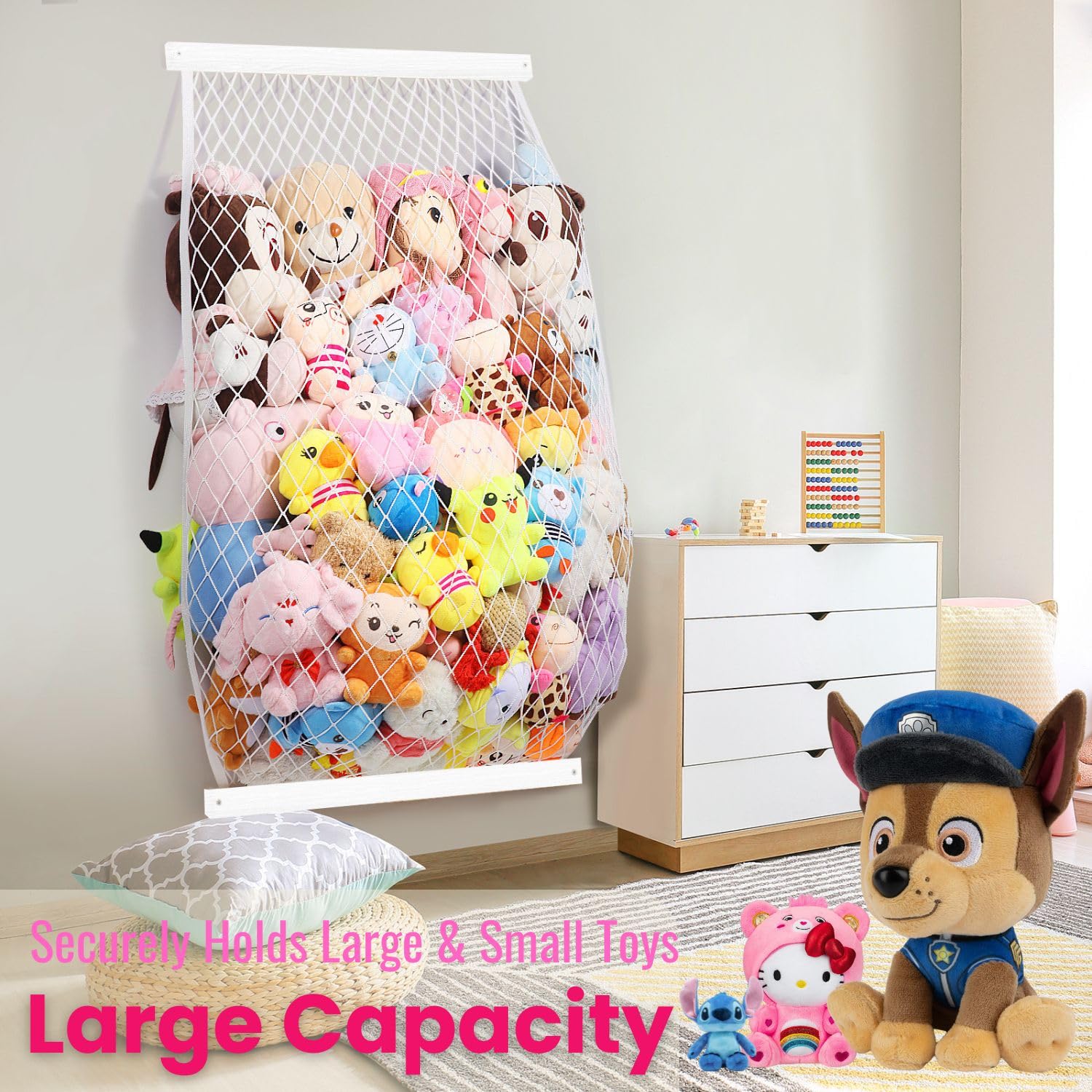 VOMELON space-saving-toy-net corner keeps nursery clutter-free and decorative.