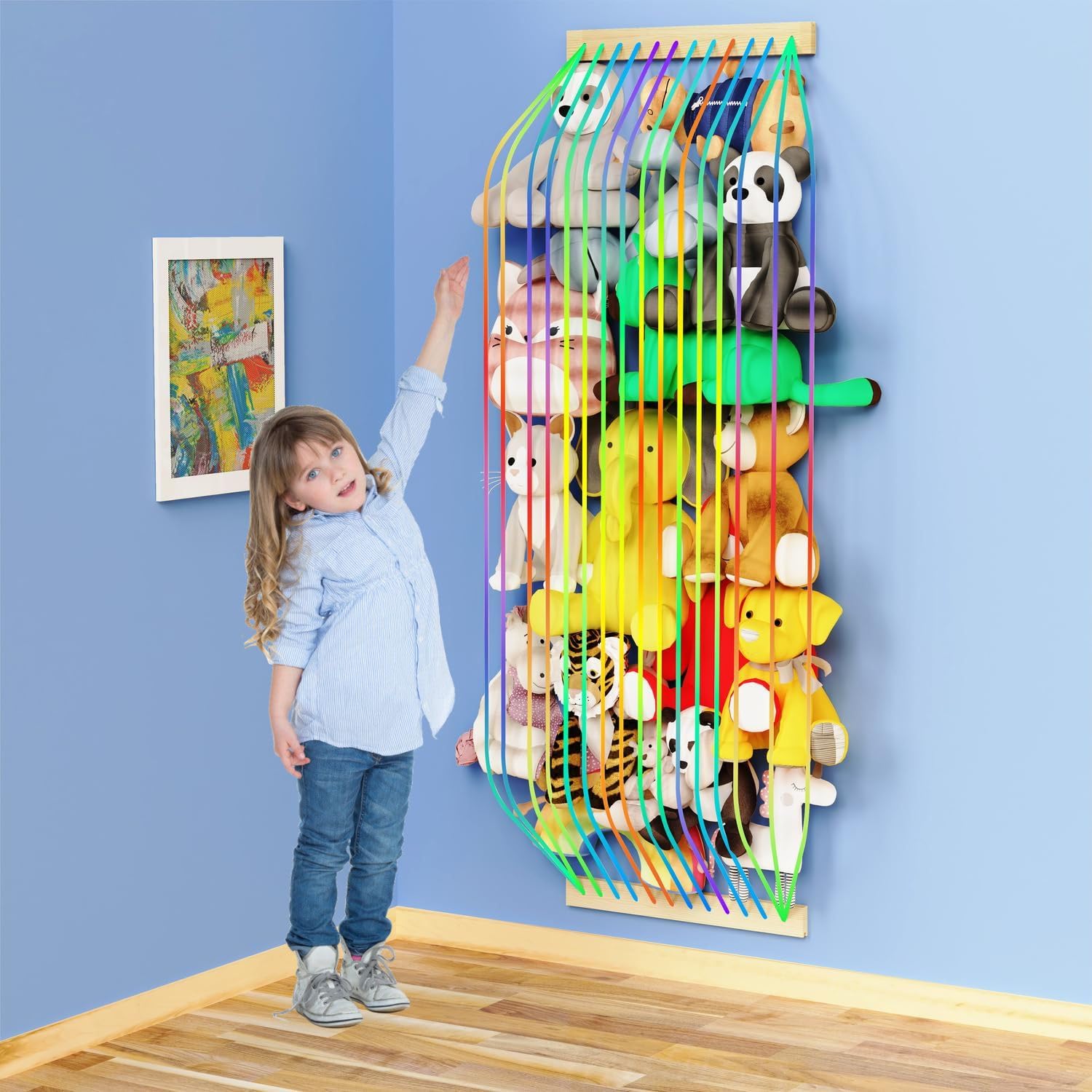 VOMELON stuffed animal storage hammock on wall keeps toys organized.