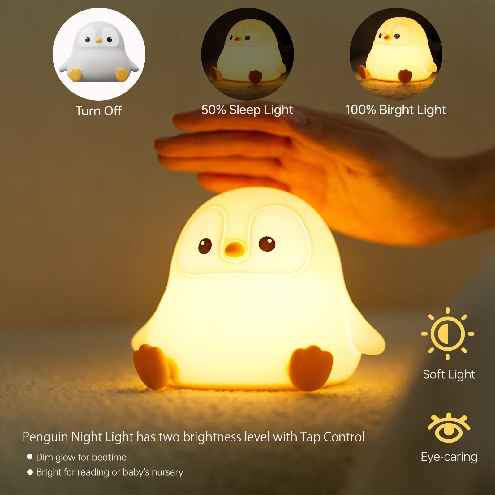VoMii Penguin Night Light silicone surface is gentle on curious hands.