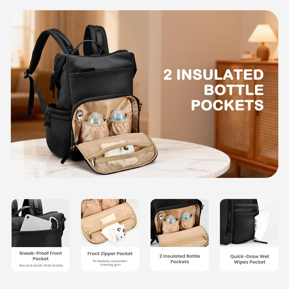 VONAL neoprene diaper bag backpack insulated-bottle-pocket demonstrates convenient bottle storage.
