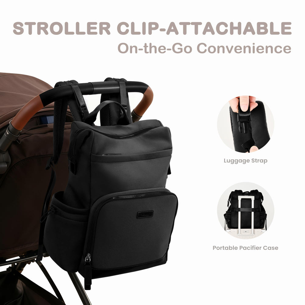 VONAL neoprene diaper bag backpack twelve-pockets layout enables quick access.