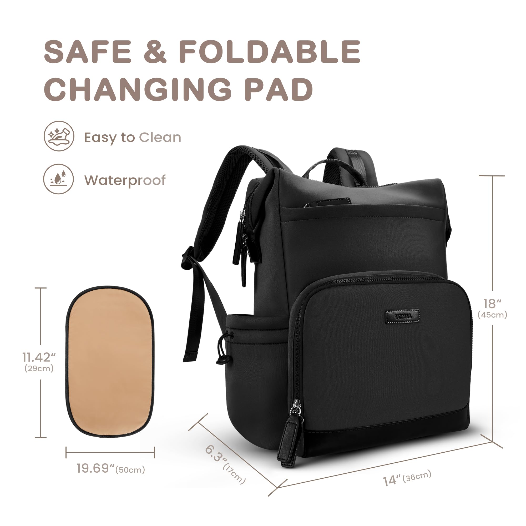 VONAL neoprene diaper bag backpack waterproof lining keeps surfaces easy to wipe clean.