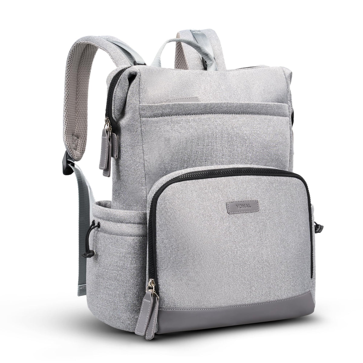 VONAL Neoprene Diaper Bag Gray exterior offers discreet stylish travel companion.