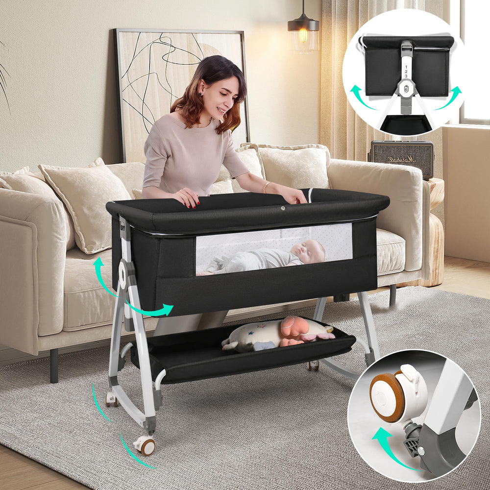 VOOI bassinet height adjustment aligns with your bed for comfortable feeding
