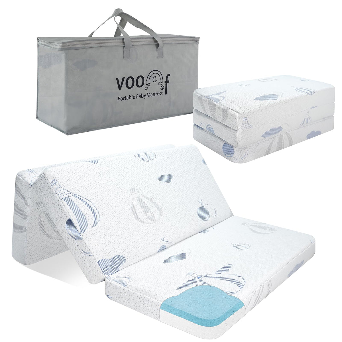 voomf pack and play mattress pad folded tri-fold for travel and storage
