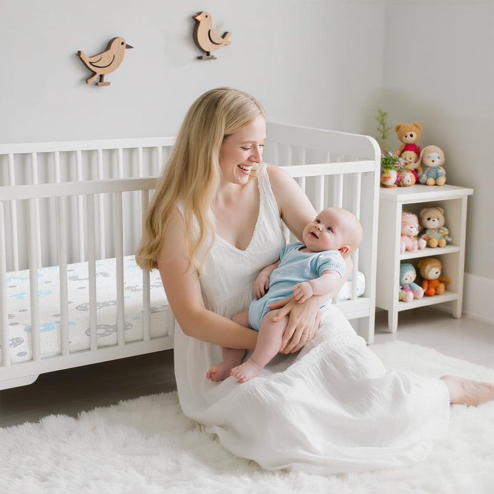voomf pack-n-play mattress breathable fabric closeup emphasizes moisture-wicking comfort