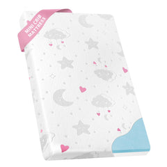voomf Pack N Play mattress cover close-up shows breathable, moisture-wicking fabric for comfortable naps.