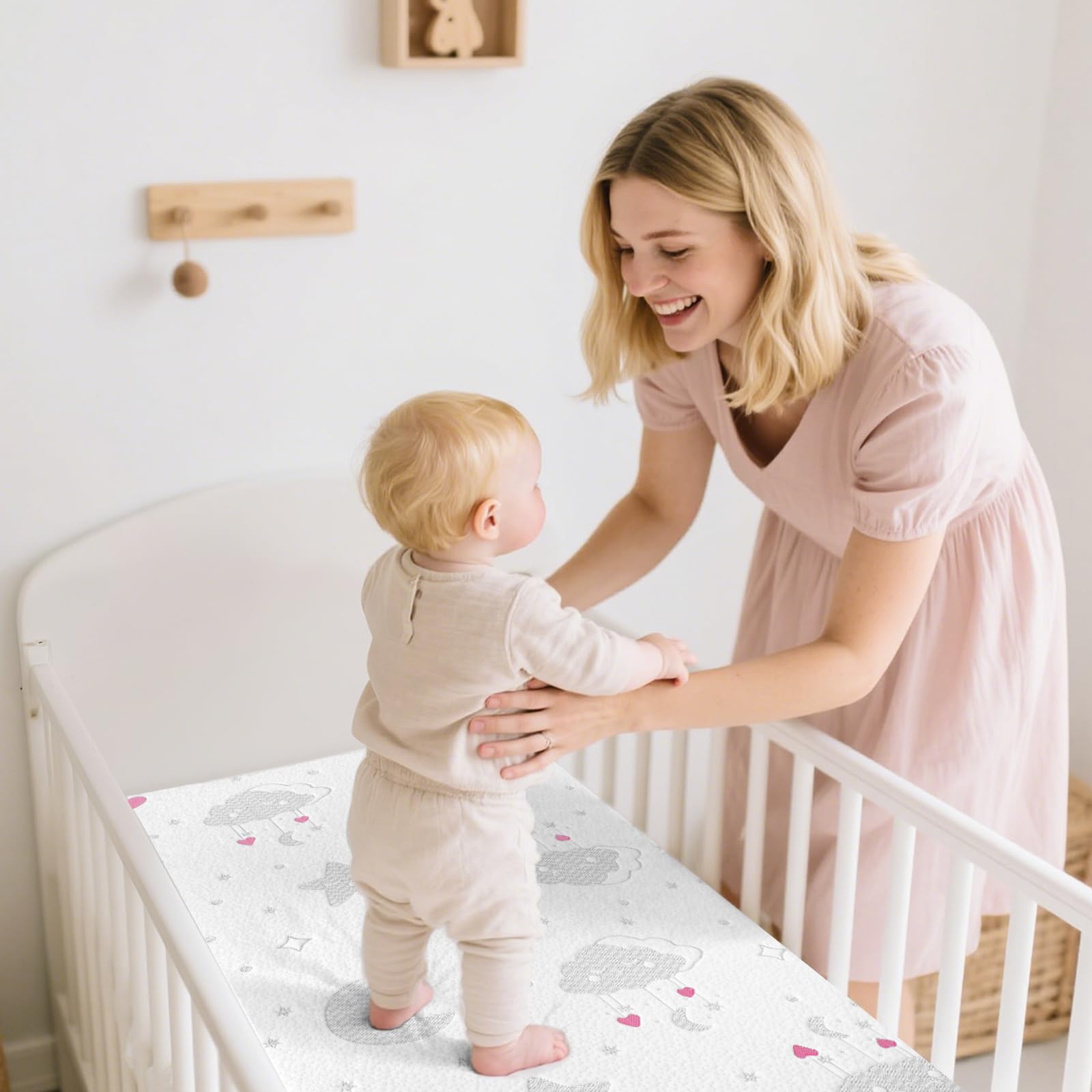 voomf Pack N Play mattress dual-sided foam highlights cooling gel memory foam and high-density foam support.