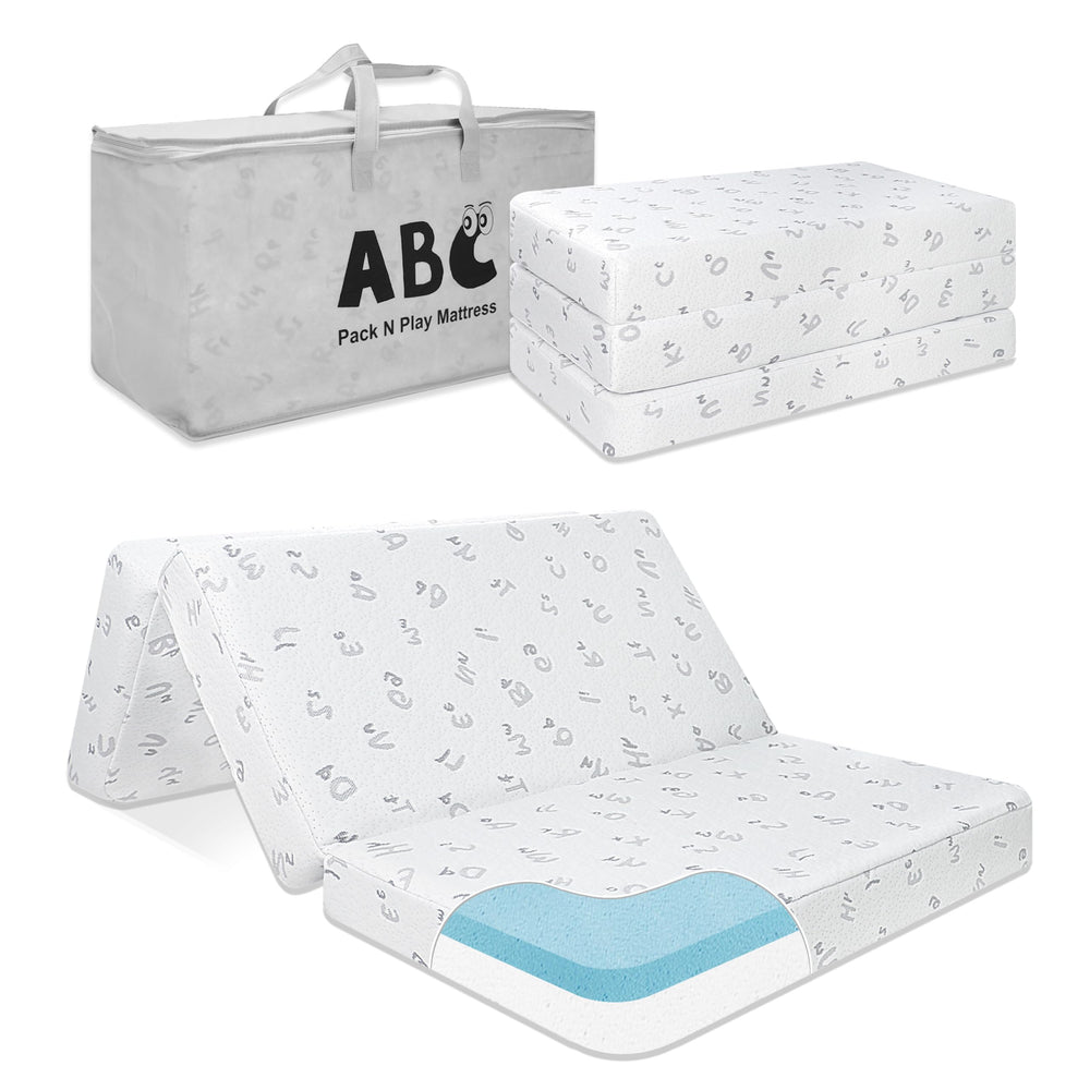 Voomf Trifold Pack N Play Mattress folded in bag for travel portability.