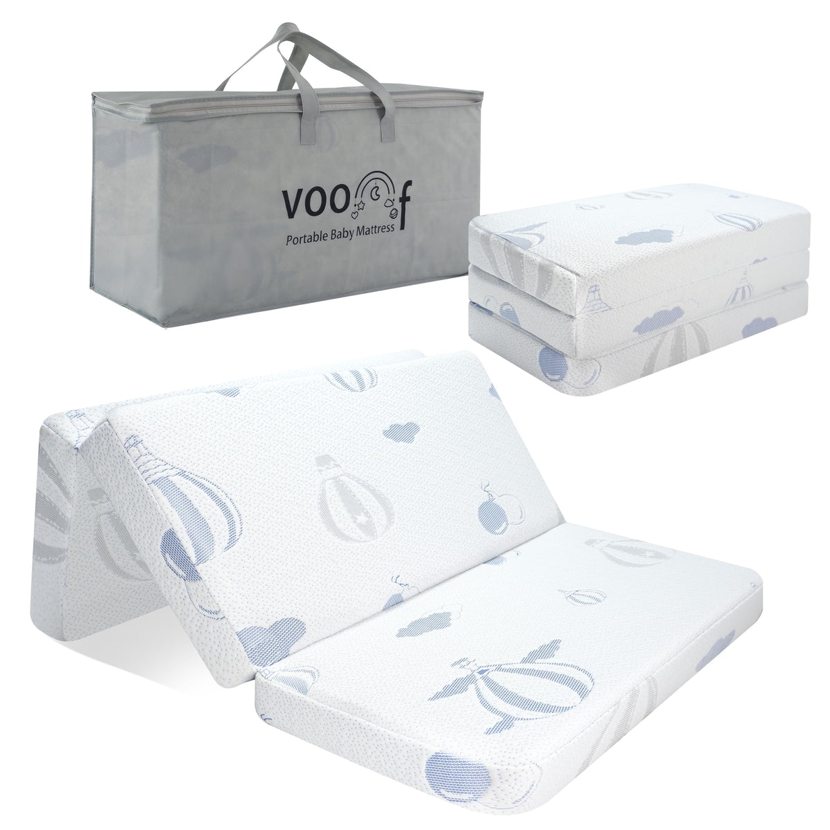 voomf trifold pack-n-play mattress folded in travel bag for easy trips