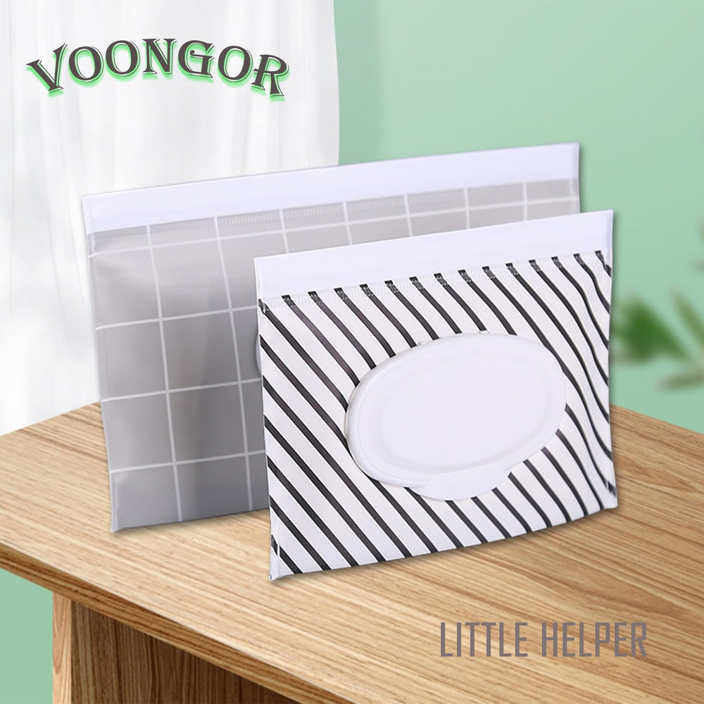 VOONGOR plaid wipe pouch being filled, compact and reusable