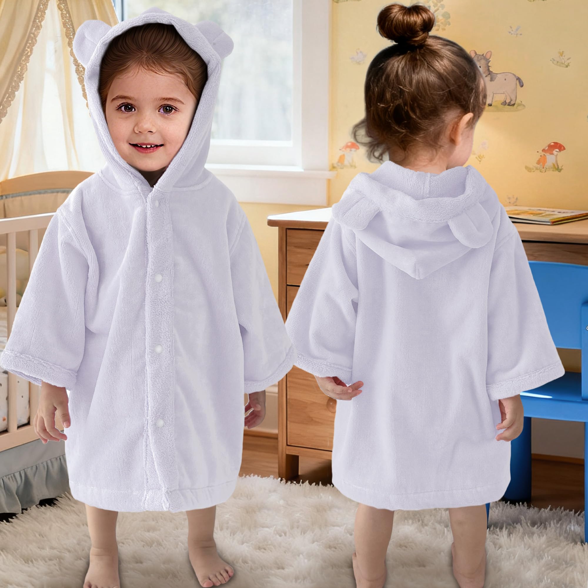 VOOVA & MOVAS baby hooded poncho towel with bear ears in purple keeps baby warm and dry.