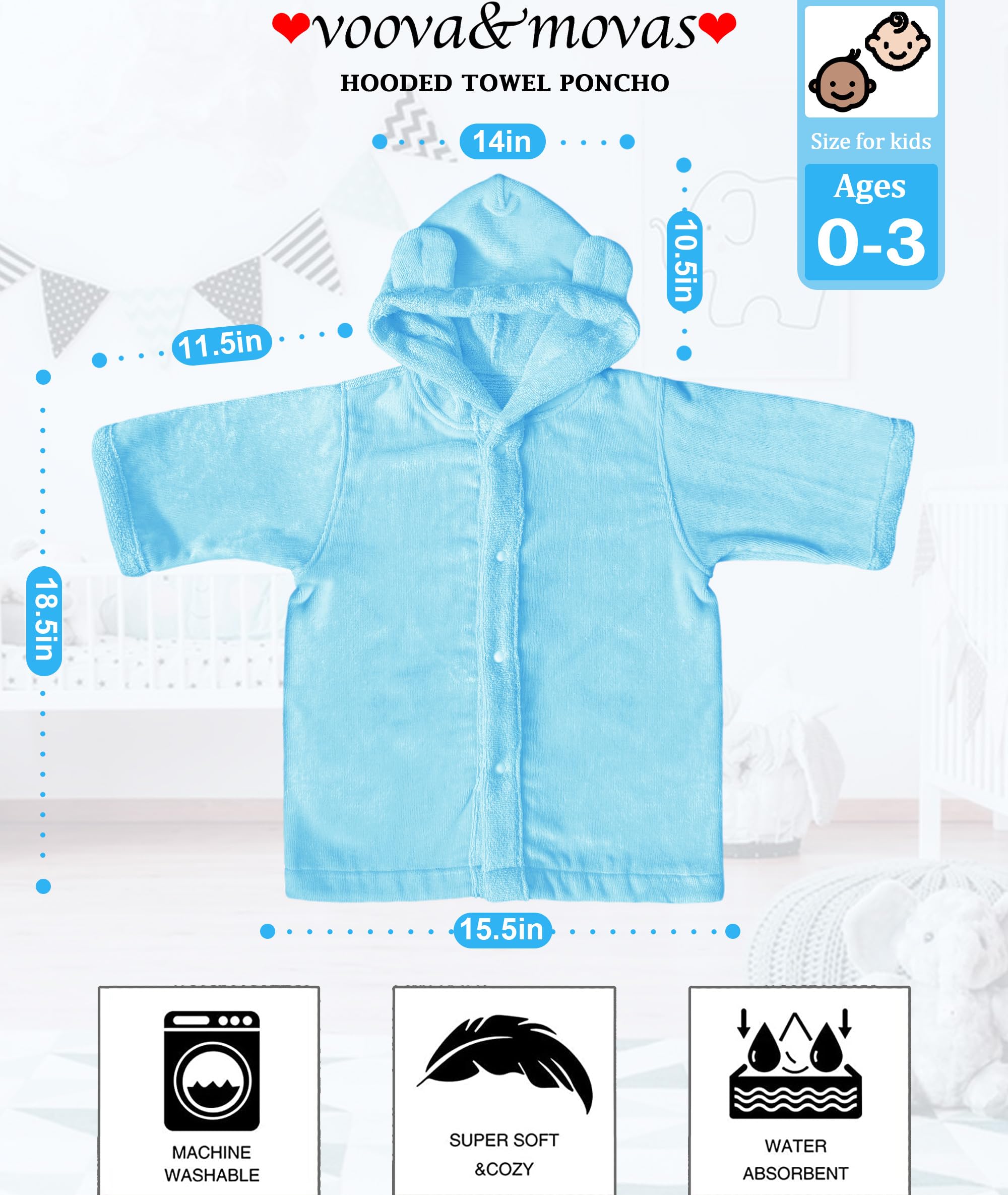VOOVA & MOVAS blue bear-ear towel wrapped around baby after bath for drying