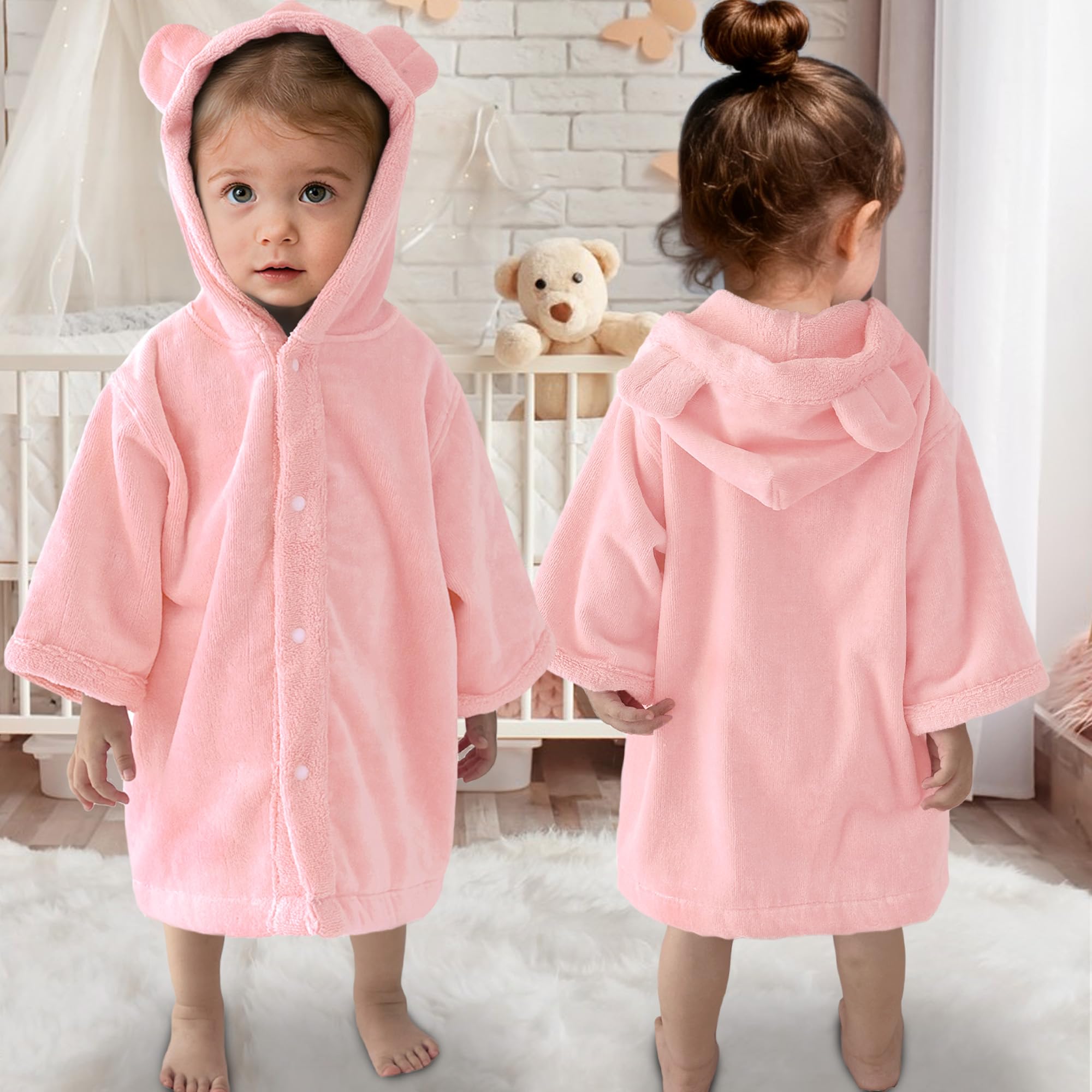 VOOVA & MOVAS baby hooded towel bear ears pink, plush texture for gentle post-bath drying.