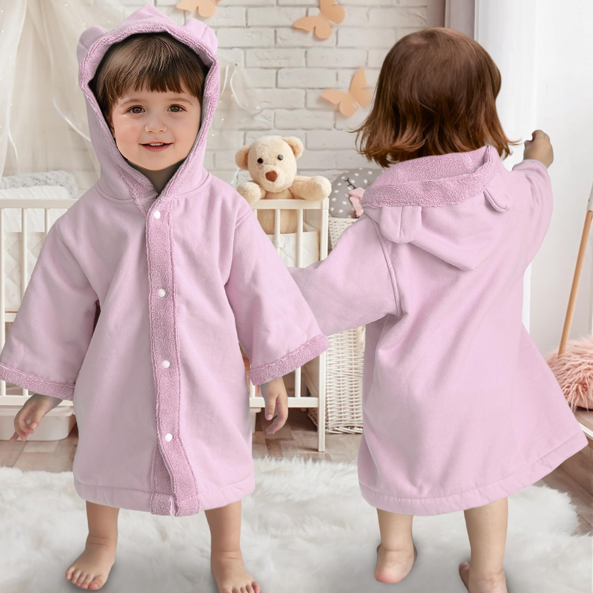 VOOVA & MOVAS baby hooded towel with bear ear in pink keeps baby warm and dry.