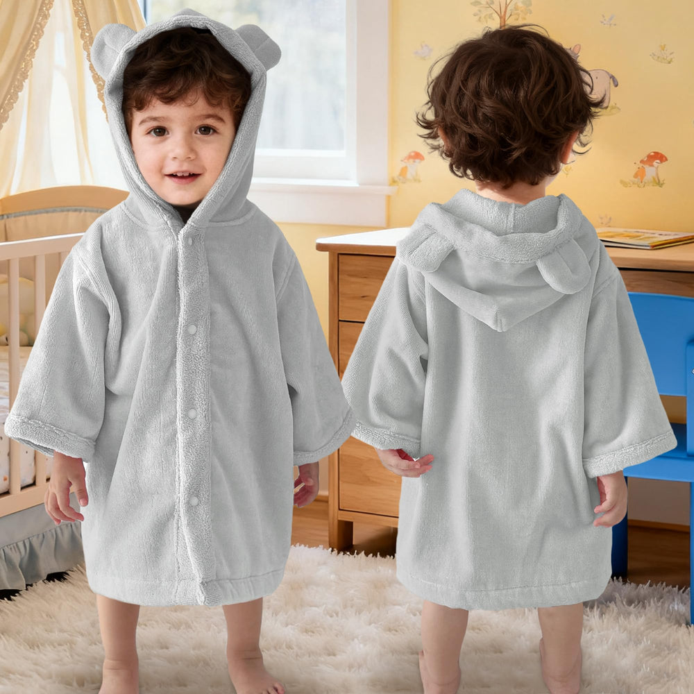 The voova movas bear-ear hooded towel provides after-bath warmth and security.