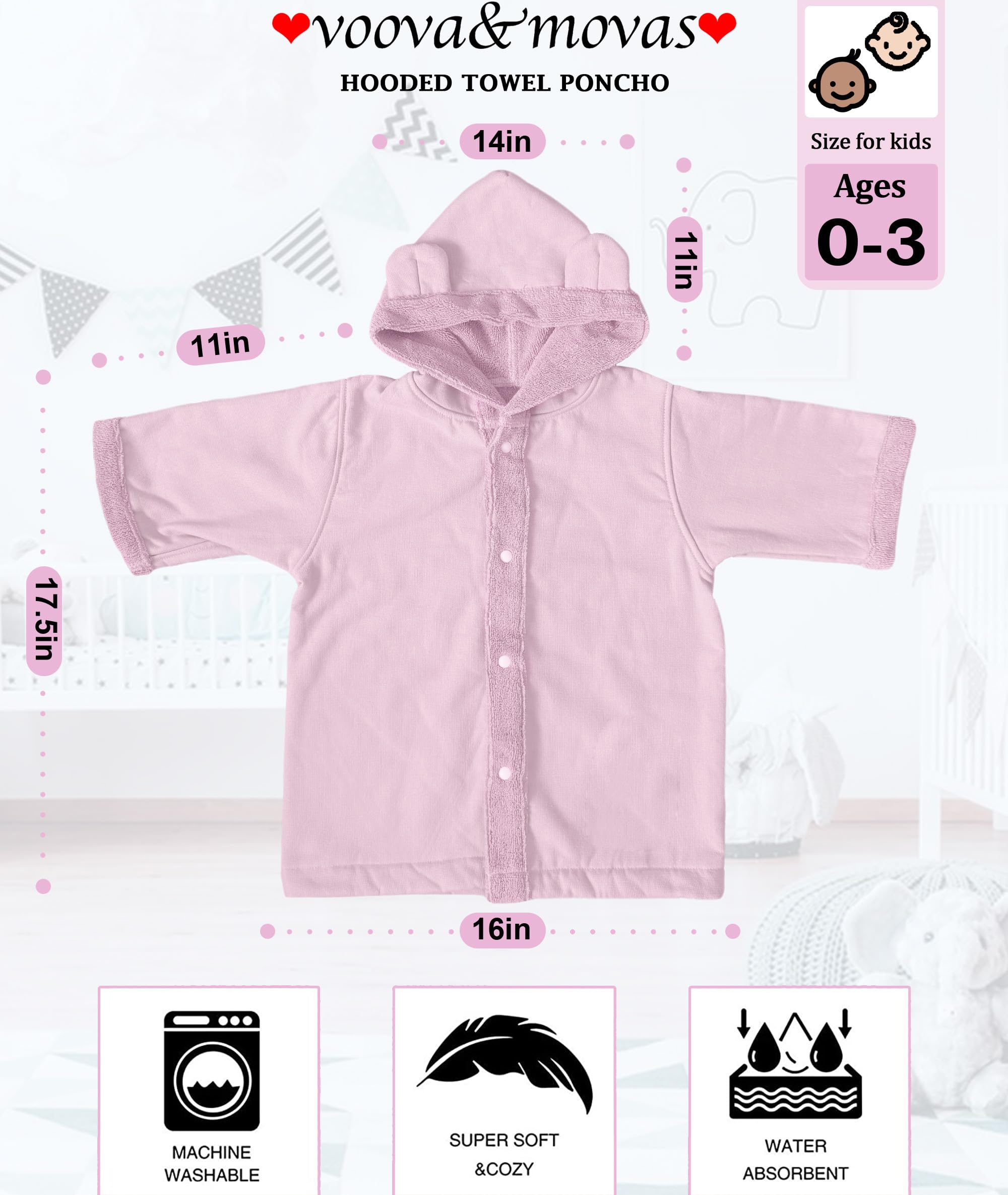 VOOVA & MOVAS pink baby towel shows 100% cotton fabric close-up for softness.
