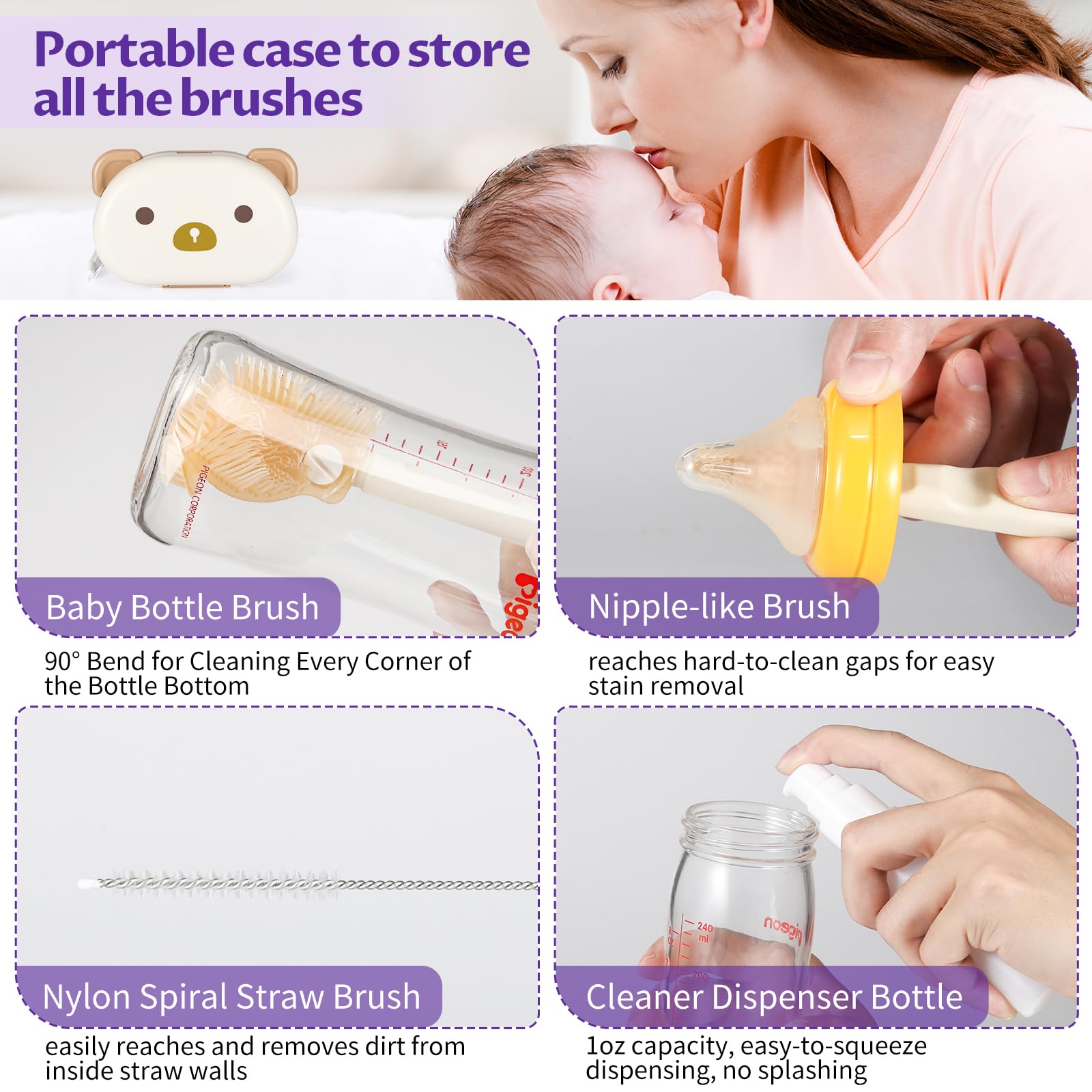 VOOWO 3D nipple brush cleans hard-to-reach bottle nipples.