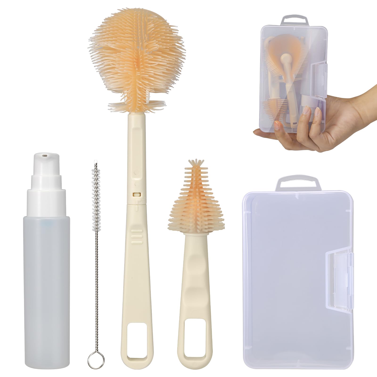 VOOWO baby bottle brush travel kit in compact case for convenient on-the-go cleaning.
