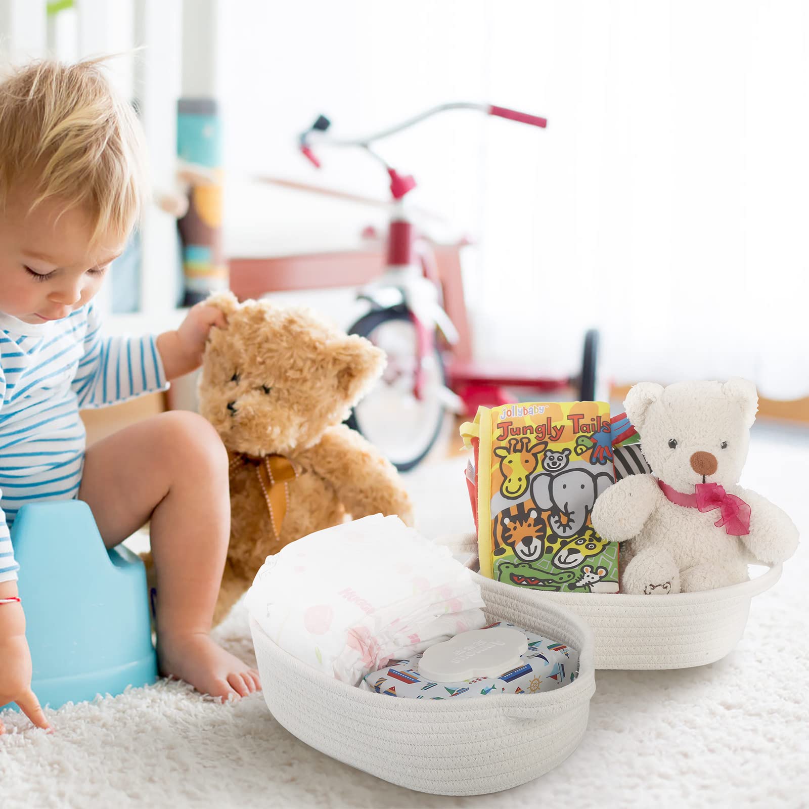 VOOWO extra-large rectangular rope basket holds clothes or nursery gear.