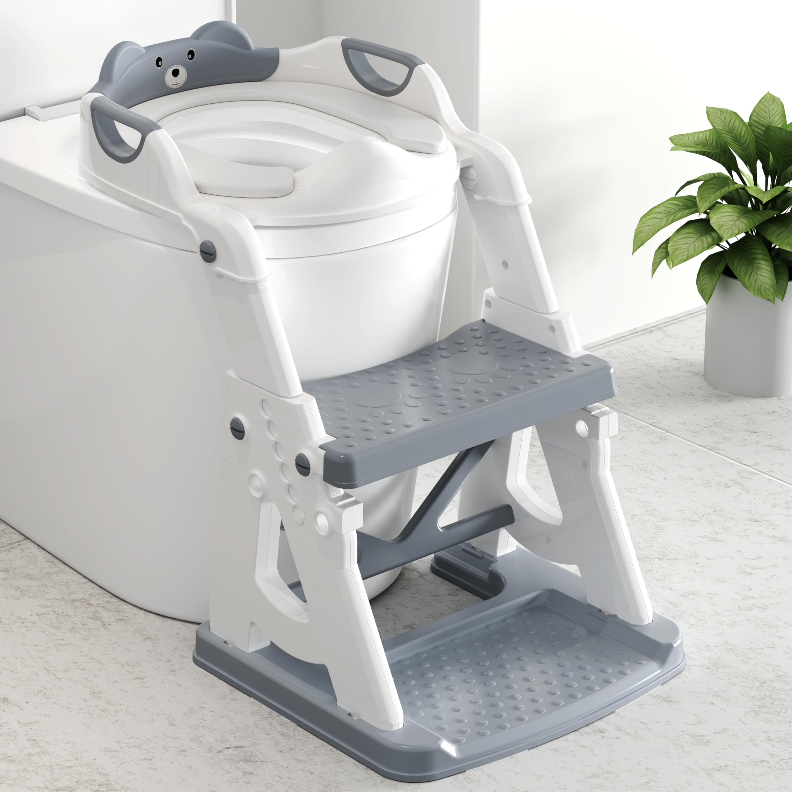 Vorykido 2-in-1 potty seat with step stool in use, boosts independent bathroom reach.