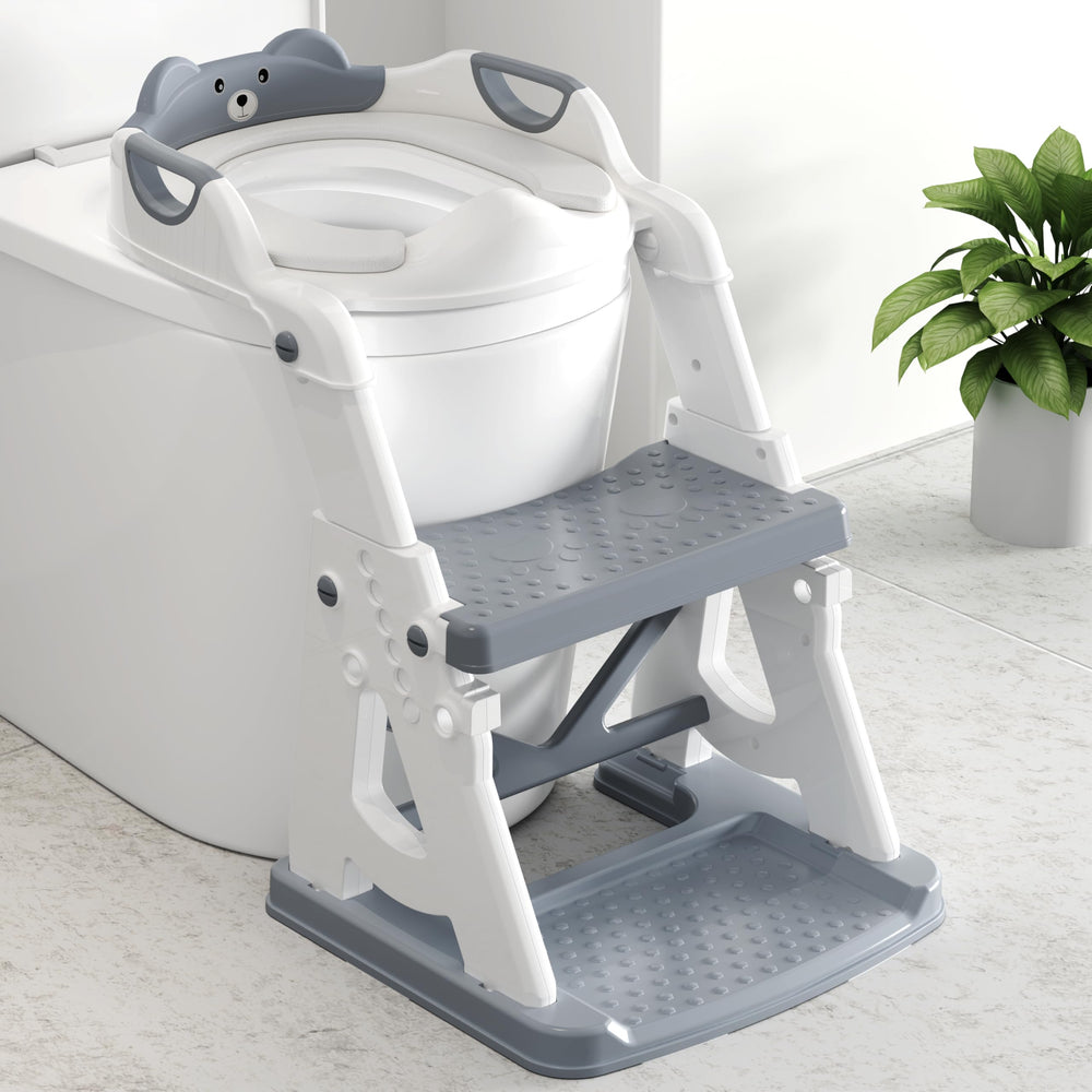 Vorykido 2-in-1 potty seat with step stool in use, boosts independent bathroom reach.