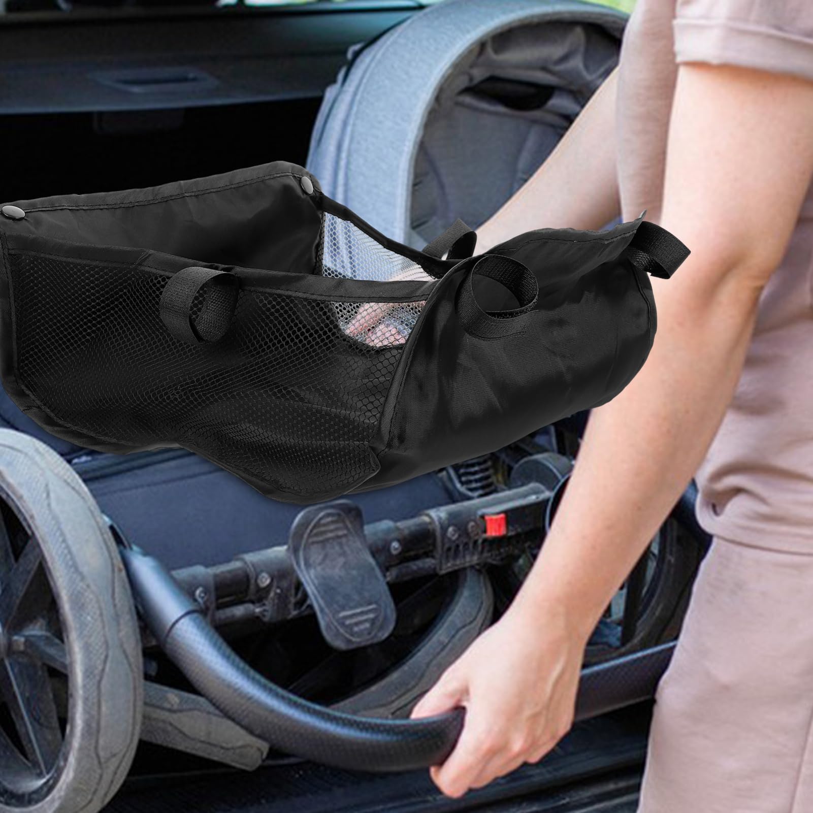 VOSAREA stroller bottom basket Oxford cloth provides durable, easy-clean storage on runs.