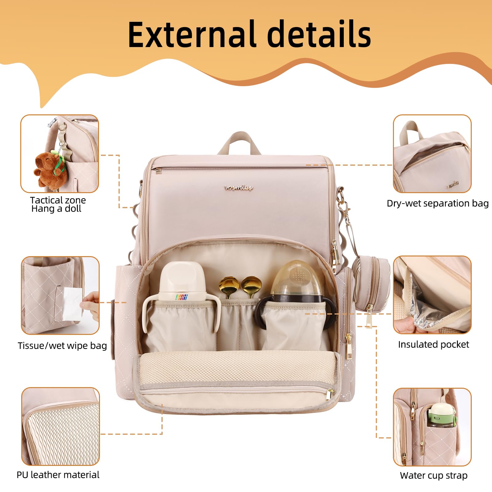 vosmles diaper bag side pocket for wipes and bottles on the go