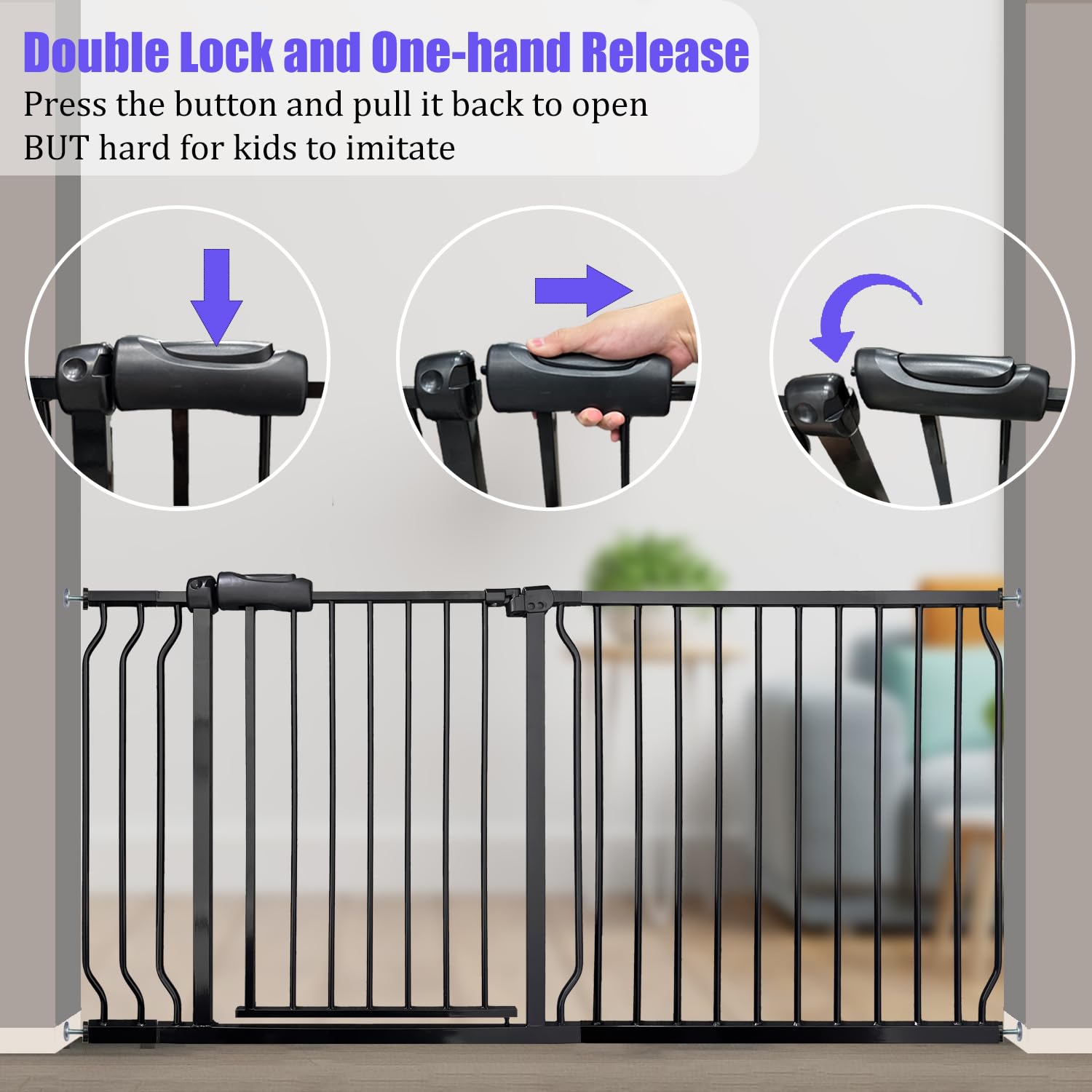 Vothco extra wide baby gate double-lock system ensures one-handed operation.