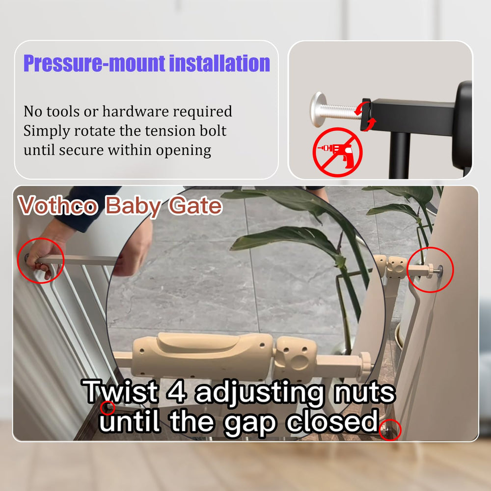 Vothco extra wide baby gate pressure-mounted easy install demonstrates tool-free setup.