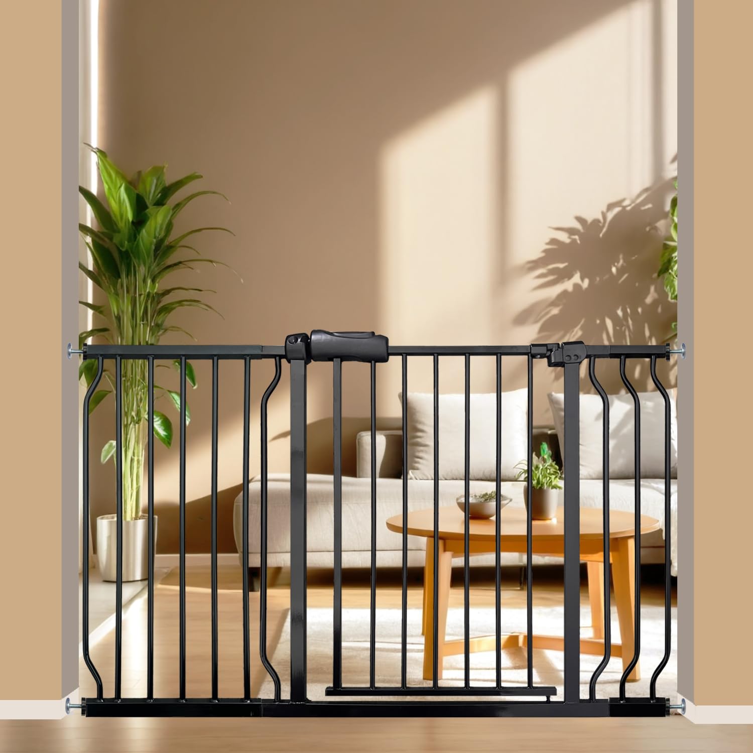 Vothco extra wide baby gate at doorway, adjustable width improves doorway safety.