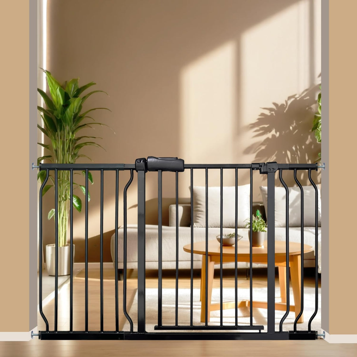 Vothco extra wide baby gate at doorway, adjustable width improves doorway safety.
