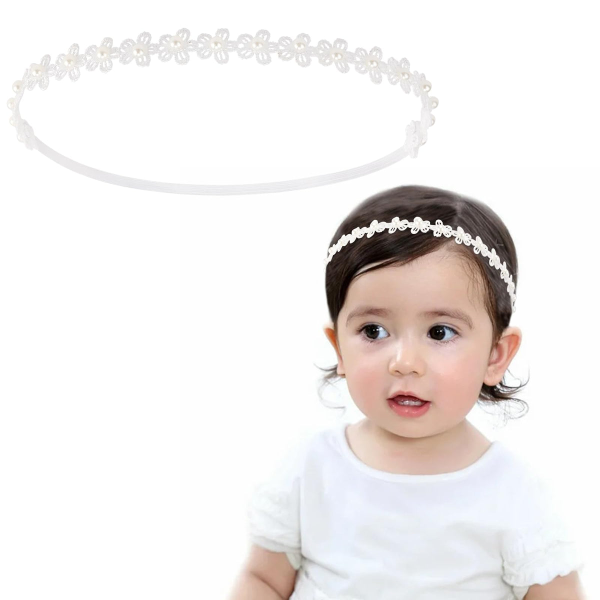 Vovii baptism headband in white lace with pearls for christening photos