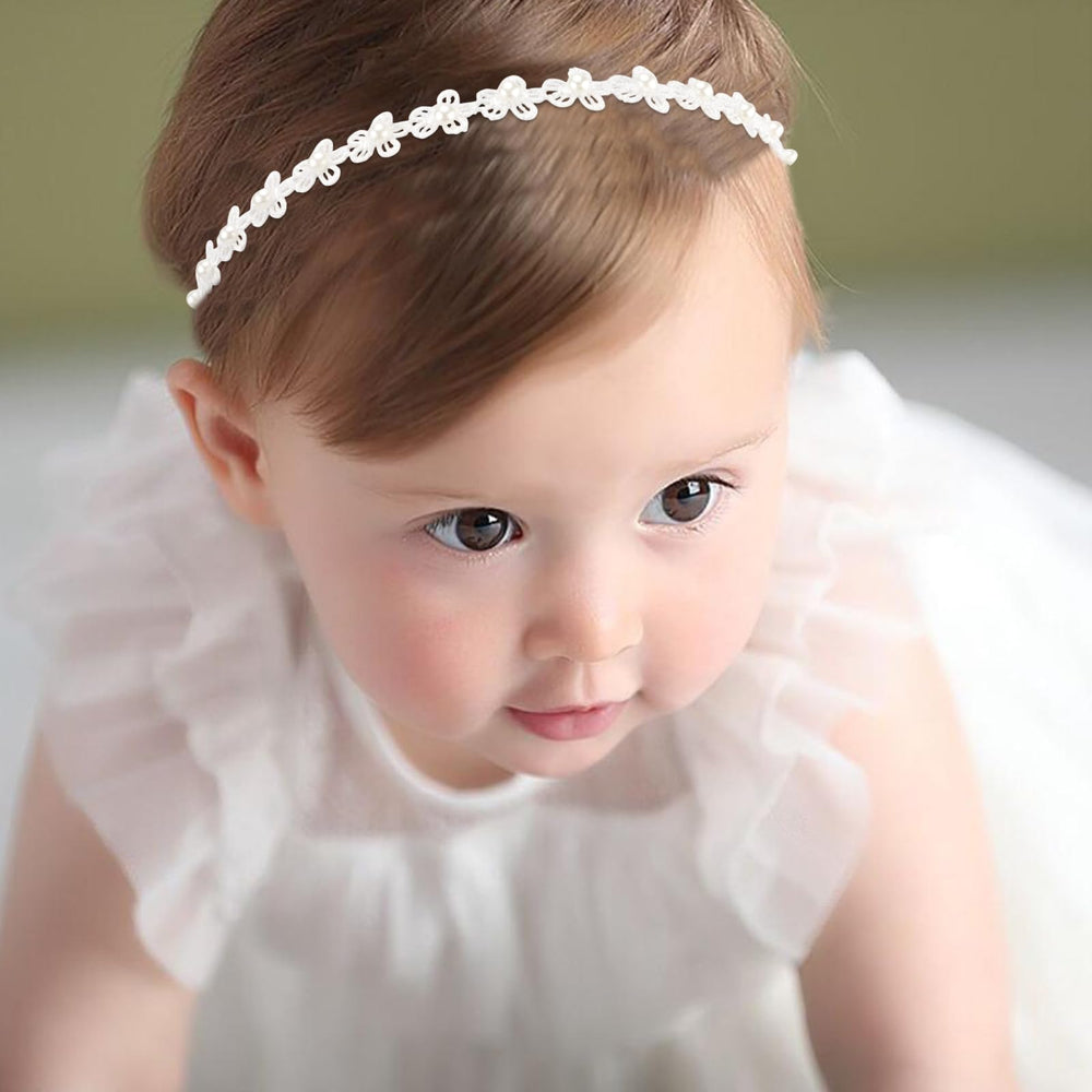 Vovii dainty lace headband closeup highlighting pearl detail