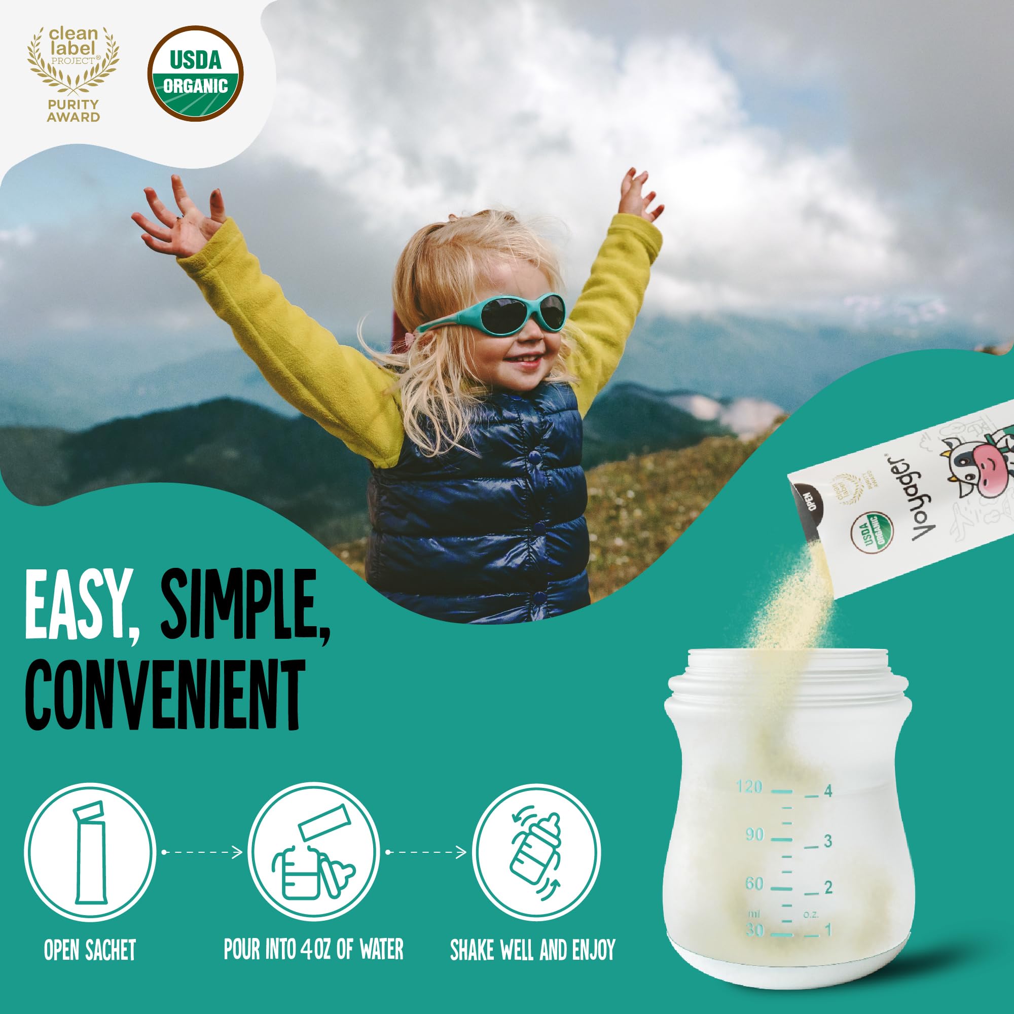 Grass-fed US farms source Voyager Milk powder for quality and origin.