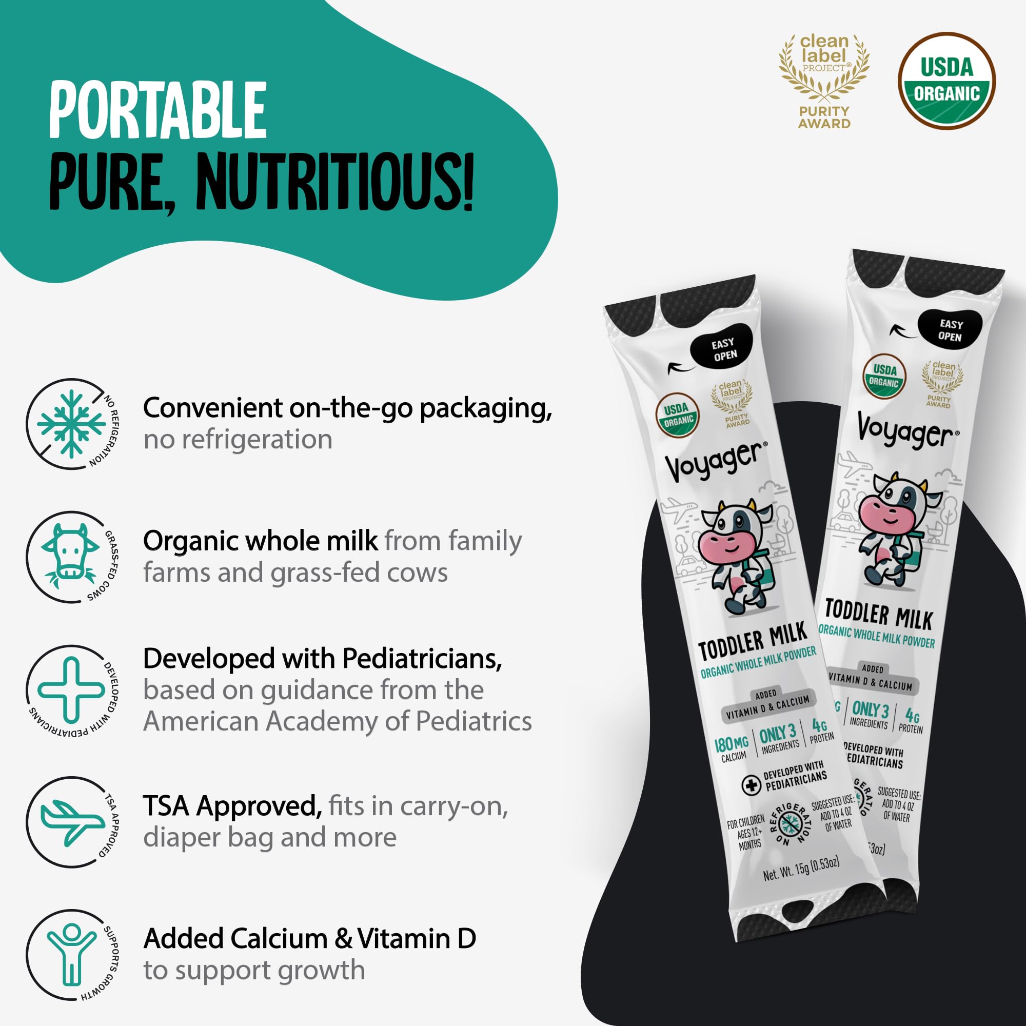 Shelf-stable travel milk packets ideal for airplanes and road trips.