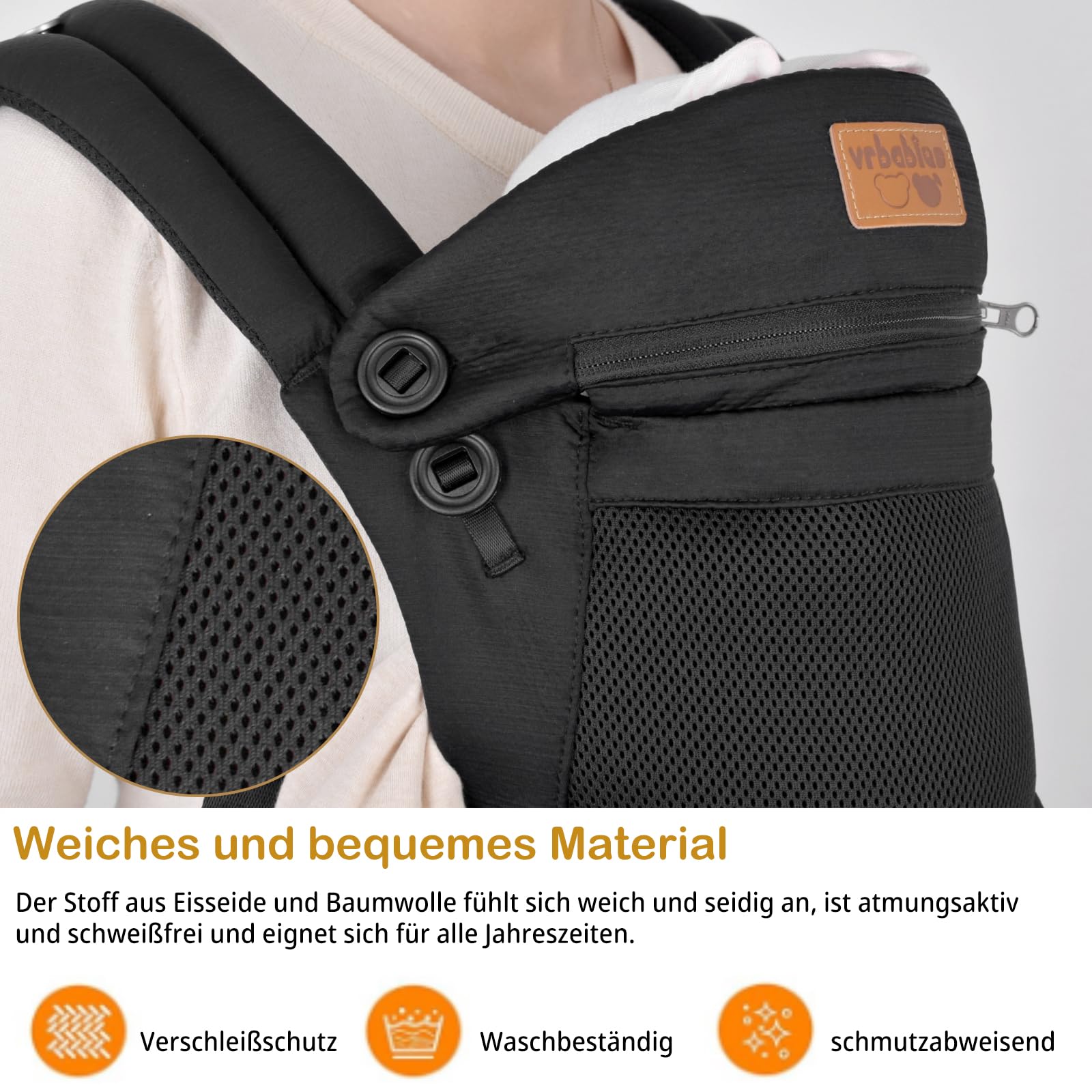 vrbabies breathable-ice-cotton-fabric keeps baby and parent cool.