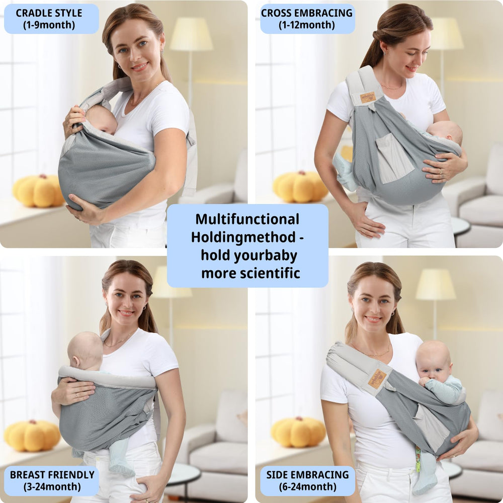 vrbabies baby sling adjustable-length close-up demonstrates adjustable fit for growing babies.