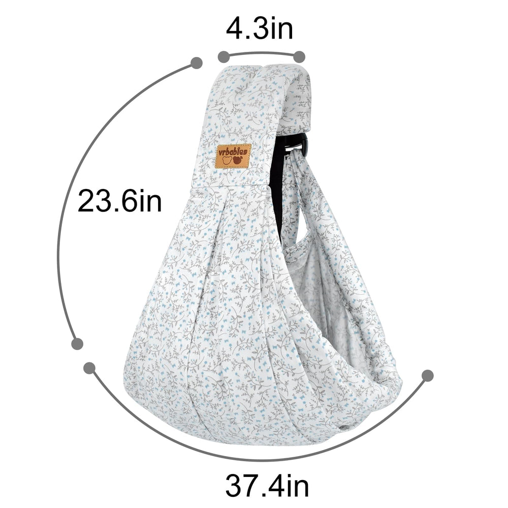 VRBABIES blue flower sling close-up emphasizes detailed fabric and pattern.