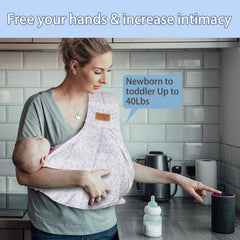 VRBABIES sling with ergonomic shoulder pads distributes weight for caregiver comfort.