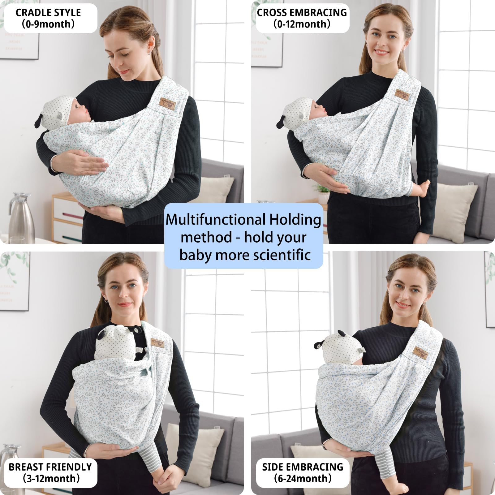 VRBABIES sling demonstrates four carry positions for growing child bonding.