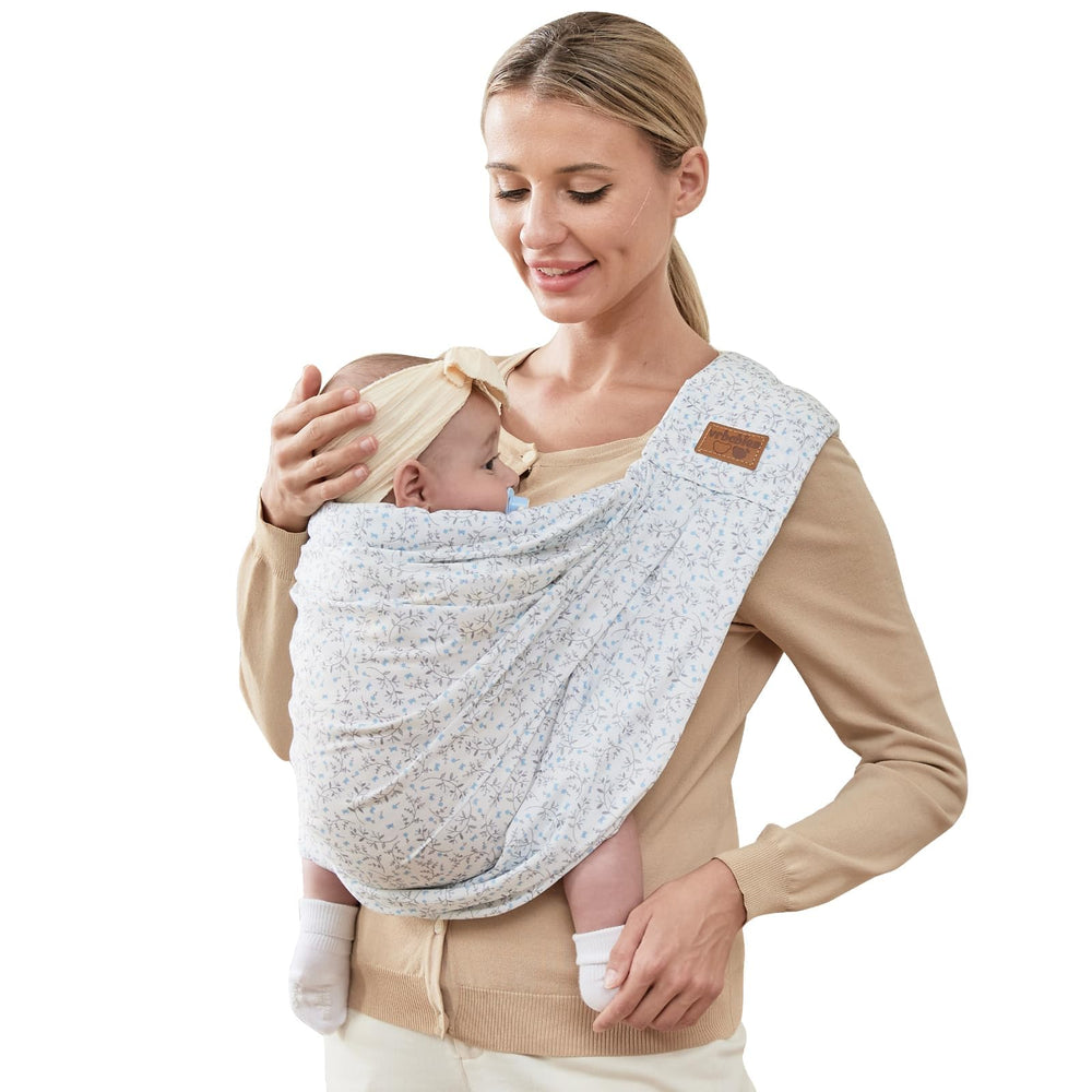 VRBABIES baby sling in blue flower shows soft cotton fabric for year-round comfort.